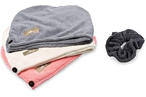 myHomeBody Asciugamani per capelli, Turbante di lusso anti-crespo ad asciugatura rapida, Fibra di carbone assorbente ultra morbida e ad asciugatura rapida – Confezione da 2 – Light Grey, Pink, White