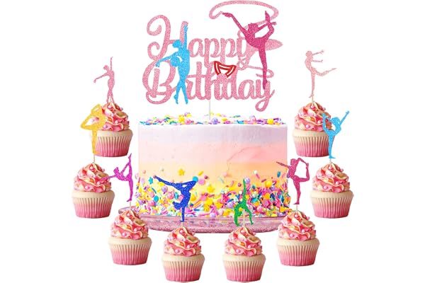 Tarklanda 25 st gymnastik grattis på födelsedagen tårtdekorationer glitter gymnast flicka cupcake toppers färgglad silhuett för tema baby shower festtillbehör