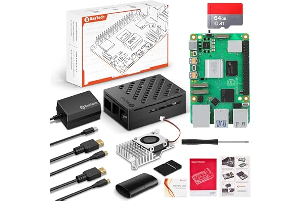 RasTech Raspberry Pi 5 8GO Kit 64GO Edition avec Active Cooler,Alimentation 27W 5.1V5A USB-C,Pi5 8GO Board,Kit Lecteur de Carte 64GO,Boîtier Pi 5,Double 4K Câbles de Micro HD Out,Manuel d'utilisation