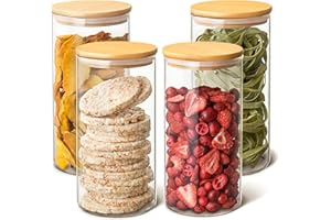 Praknu 4 Barattoli di Cucina in Vetro con Coperchio in Bambù - Lavabili in Lavastoviglie - 1200ml Contenitore Pasta Grande