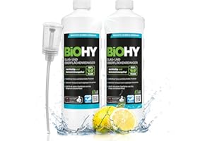 BiOHY Limpia cristales y superficies (2 botellas de 1 litro) + Dosificador | Concentrado para uso de aparatos y suelos duros | Olor agradable y limpieza sin rayas (Oberflächenreiniger)