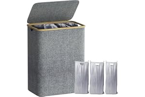 160L Laundry Basket with Lid, Hiyorsoa 3 Section Laundry Basket with Bamboo Handle and 3 Removable Compartments, Extra Large Foldable Laundry Hamper Bin Washing Basket for Bedroom, Bathroom, Dorm