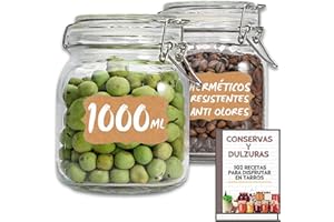 MUNDOTARROS 12 Tarros de Cristal Herméticos 1 litro - Con Etiquetas + Ebook de 102 Recetas - Tarros para Conservas, Mermelada, Encurtidos, Fermentar - Vidrio Resistente (12)
