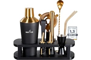 BARMINGO® Edelstahl Cocktail Set 11tlg. – 700 ml Cocktail Shaker Set mit Ständer und Bar Zubehör, Cocktailshaker Set | Barkeeper Set | Cocktail Mix Set | Bar Set | Geschenkset | Schwarz & Gold