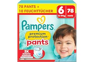 ‎PAMPERS Pampers Premium Protection Pants Größe 6, 78 Windeln, 13kg-19kg, Mit 360° Passform, 2x breiteren Bündchen als vorher für Komfort & Schutz + 10 Stück Pampers Aqua Baby-Feuchttücher enthalten