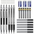 AUAUY 6PCS Metal Mechanical Pencil Set, 3PCS Drafting Pencils 0.5 mm & 0.7 mm & 0.9 mm & 3 PCS 2mm Art Pencil with 12 Tubes Lead Refills & 3 Erasers & 24 Cap Erasers for Writing, Drawing, Sketching