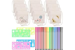 Halinuia 12 Stück Stoffbeutel zum Bemalen für Kinder, DIY Kinder Umhängegeldbeutel, Kleine Schultertaschen mit 18 Buntstift und 4 DIY Malschablonen, Brustbeutel für Schule, Party, Feier, Geschenk