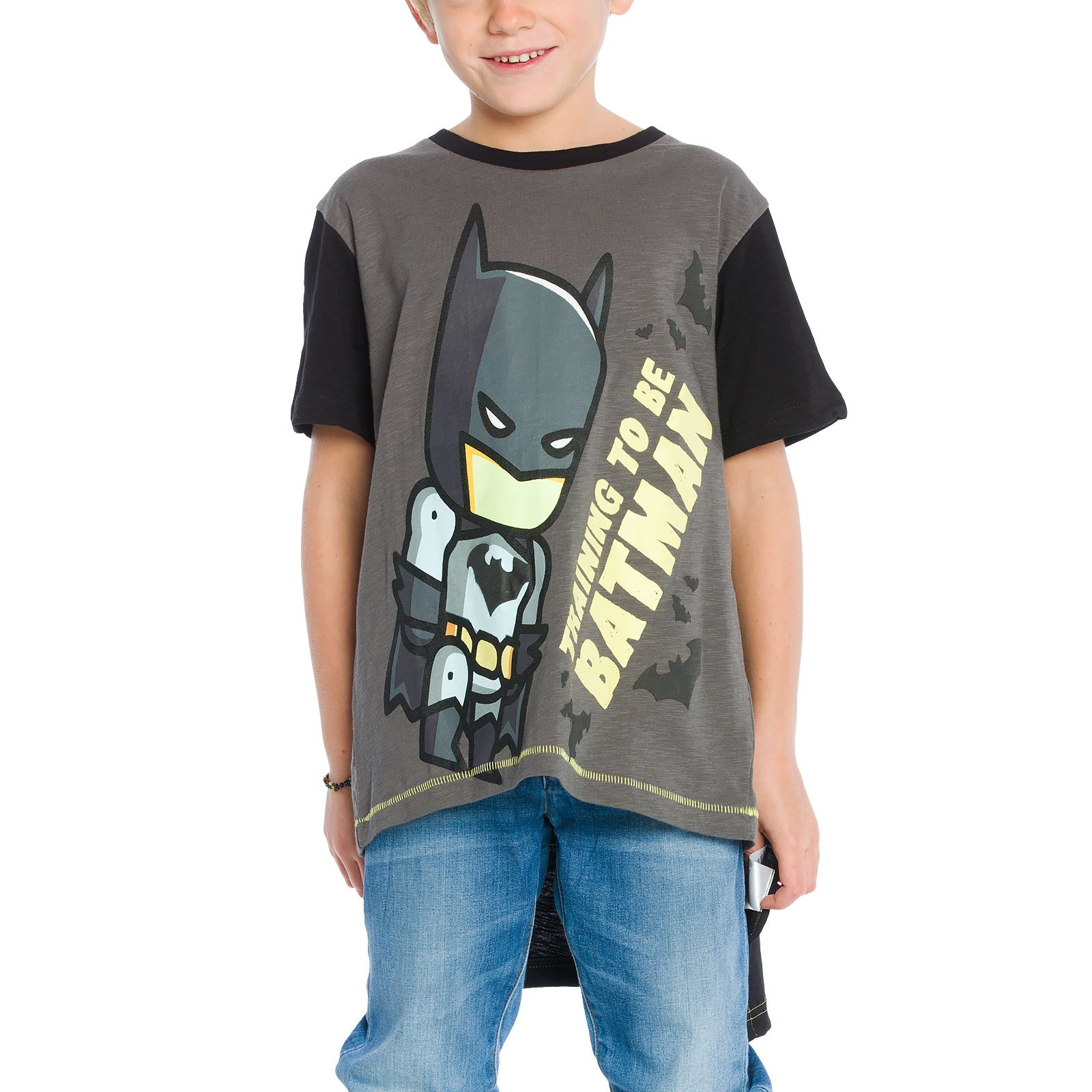 Batman-Kinder-T-Shirt-mit-Cape-DC-Comics-Baumwolle-Grau-Schwarz