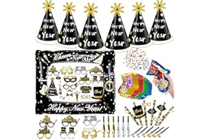 iZoeL Silvester Deko 2026 Party Set Neujahr Partyhüte Silvesterparty Fotorequisiten Konfettikanone Party Trinkhalme Feier Partytröten Schwarz Gold deko