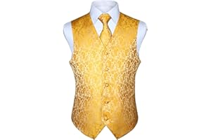 Hisdern Męska kamizelka typu paisley, kwiecista, żakardowa, z krawatem, z kwadratową poszetką do kieszeni, kamizelka garniturowa, zestaw