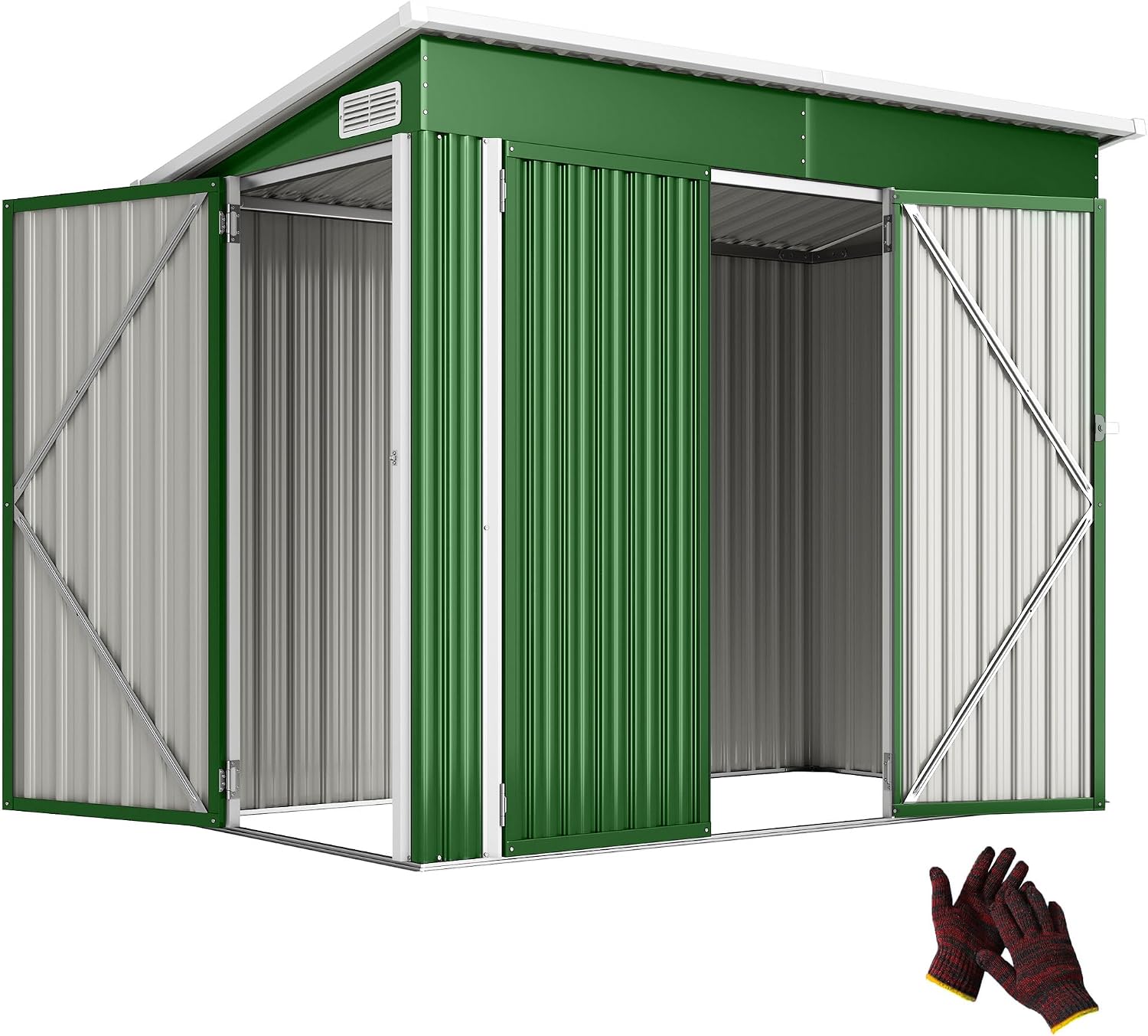 Outsunny 7.5 x 4.3ft Metal Garden Storage Shed, Waterproof Outdoor Shed with Triple Lockable Door, Gloves, Vents and Pitched Roof, Tools Bike Storage for Garden, Patio, Courtyard, Green