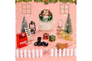 CSYY Wichteltür Zubehör Weihnachten, 20 PCS Wichteltür Komplettset Miniatur Weihnachtsdekoration Kinderzimmer Dekoration DIY Geschenk für Kinder Holz Miniatur mit Briefkasten, Stiefel, Zaun, Kranz