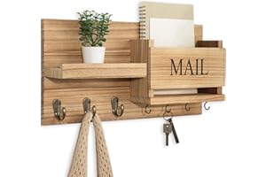 Lwenki Mail Organizer for Wall Mount – Key Holder with Shelf Includes Letter Holder and Hooks for Hallway Farmhouse Decor – Rustic Wood with Flush Mounting Hardware (16.5” x 9.1” x 3.4”) (Wood)