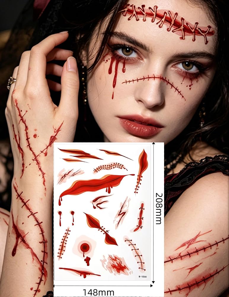 Cadılar Bayramı 3D Kanlı Yara Efekti Scar Face Geçici Dövme Sticker, Yara İzi ve Kan Efekti-SCAR2