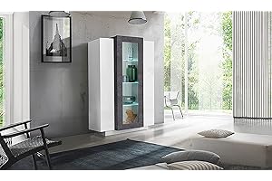 Dmora Vetrina Moderna con Anta a Vetro, Made in Italy, con Luce LED, Credenza, Vetrinetta da Soggiorno, cm 80x38h121, Colore Bianco Lucido e Grigio Cenere
