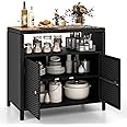 TANGZON Garden Rattan Storage Cabinet, 2-Door Wicker Kitchen Sideboard Buffet Cabinet with Acacia Wood Countertop, Open Compartment & Enclosed Cabinet, Patio Storage Organizer (Black + Natural)
