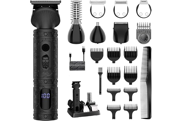 Surker Tondeuse Barbe Homme Tondeuse Cheveux Professionnelle Avec Lame en T de Coupe de Cheveux Chauve 0 mm Rasoir électrique Tondeuse Corps de Précision pour Nez 7 en 1,Noir