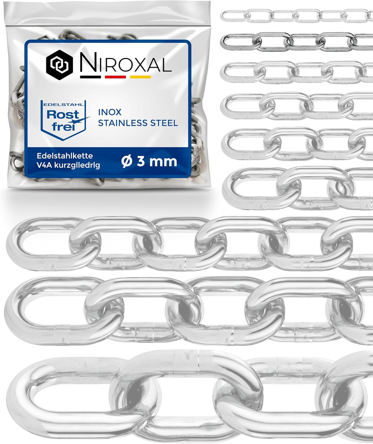 100-cm = 1-metros 3-mm Starke de cadena de acero inoxidable de eslabón corto piezas cadena de anclaje DIN 5685 DIN 766 1-m