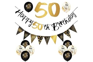 ADXCO 12 Pieces 50th Birthday Decorations Kit Include Black Gold Happy 50th Birthday Banner, Triangle Flag Banner and Confetti Latex Balloons for Party Decoration Birthday Party Supplies