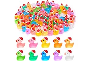 WIURGOHA Christmas Mini Ducks,80pcs Luminous Tiny Mini Resin Christmas Ducks Miniature with Christmas Hat Glow in The Dark Figures for Christmas Party Bag Fillers Dollhouse Accessories Home Decoration