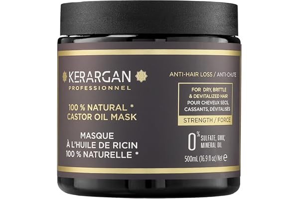 Kerargan - Masque Capillaire Anti-Chute à l'Huile de Ricin - Soin Intensif pour Cheveux Secs et Cassants - Enrichi en Aloe Vera - Sans sulfate, OGM, huile minérale - 500ml
