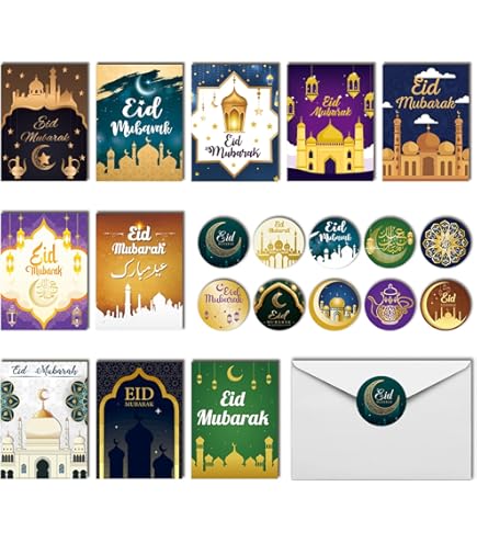 20 Pack Eid Mubarak Cards, Islamic Eid Card Paper Greeting Cards Eid Mubarak Decorations With 20 Envelopes & Eid Mubarak Stickers For Party Supplies Celebration