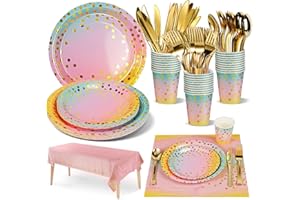 Nkaiso 141 Stück Regenbogen Partygeschirr, Pappteller Kindergeburtstag Set, ​Geburtstag Party Wiederverwendbar Geschirr, Partyzubehör Papier Set einschließlich Teller Becher Servietten -20 Gäste