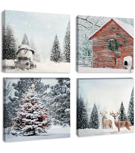 Tableaux Toile Déco Noël - 3 Pièces 50x70 Cm - Père Noël, Sapin, Paysage Hivernal - Pour Salon, Salle à Manger - 4