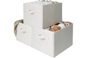 StorageWorks Large Storage Boxes for Wardrobe, Rectangular Storage Baskets for Shelves, Closet Organizers with Handles, Foldable Closet Storage Bins for Linen Closet, Beige Stripes, 3-Pack