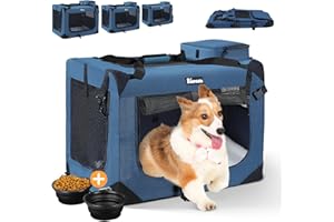 Reerooh Hundebox XL 81x 58 x 58cm, Faltbar Hundetransportbox Inkl.Hundenapf, Tragbare Hundetasche für Reisen, Hunde und Katzen Auto Haustiertransportbox (Dunkelblau, XL)
