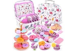ARANEE Teeservice Kinder Spielzeug Tragekoffer Teeparty Rollenspiel für kleine Mädchen Zinn Teeservice Set fur 3 4 5 6 7 8 Jahre Kinder (Flamingo)