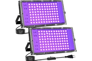 Luce Nera UV 100W, Indmird 2 Pezzi Faretto UV LED con Interruttore, 395-400nm Potente Faro UV Impermeabile IP65 Lampada UV per Festa Glow,Pittura,Acquario,Natale,Halloween