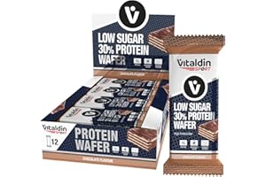 VITALDIN SPORT Low Sugar 30% Protein Wafer Chocolate – 12 Barritas Proteicas barquillo con oblea x 40 gr; sabor Chocolate – Barrita Alto Contenido en Proteína y Bajo en Azúcar – Sin Azúcares Añadidos