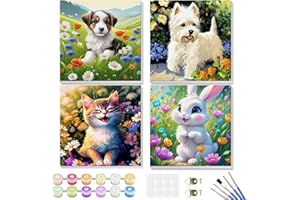 GHHKUD Kits de pintura por números para niños y adultos, paquete de 4 sobre lienzo, pintura para niños con marco de madera, animales de dibujos animados acrílicos, 8 x 8 pulgadas