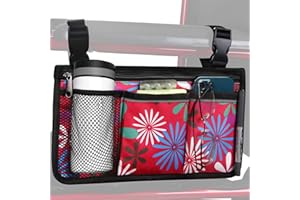 HSGEZUOQI Update Flower Color Wheelchair Bag Side Organizer Storage Armrest Pouch with Cup Holder and Reflective Stripe Use Waterproof Fabric, for Most Wheelchairs, Walkers or Rollators (Red Fireworks)