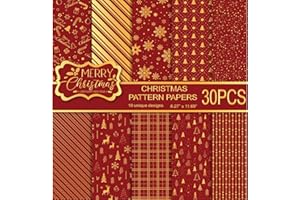 MIAHART Lot de 30 feuilles de papier à motifs de Noël Format A4 Rouge et or Festival Papier artisanal décoratif double face pour la fabrication de cartes Scrapbook, 10 motifs