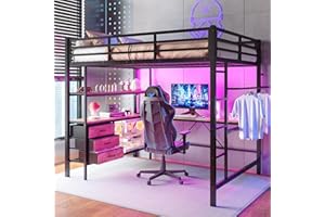 Wyibwy Letto a soppalco 140x200 cm con presa elettrica e USB,letto a castello matrimoniale 140x200 con luce e scala telecomandata, rampa,mensola per console computer,scrivaniain,senza materasso,nero