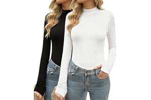 Terecey T-Shirt Femme Manches Longues Coton Hiver Haut Basique Col Montant avec Trous pour Les Pouces Vêtements Femme sous-Vêtement Chaud à Ourlet Arrondi