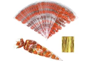 SHOKUTO 100Pcs Halloween Cone Bags, Pumpkin Cellophane Trick or Treat Bags With Gold Twist Ties, Triangle Candy Sweet Bag for Party Snacks, Chocolates, Popcorn, Cookies, 30 x 16cm