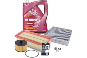 BESTPRICE Inspektionspaket Filterset mit 1x Ölfilter; 1x Innenraumfilter (Aktivkohle); 1x Luftfilter; 5l Motoröl 5W-40 MANNOL EXTREME; 1x Ölablassschraube; 1x Ölwechselanhänger