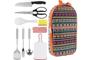 IWILCS 9pcs Camping Kitchen Utensil Set, Portable Tableware Kit, Camp Cookware Kitchen Kit, Camping Cooking Utensils with Knife Fork Spoon Set and Handbag, for Travel Camping