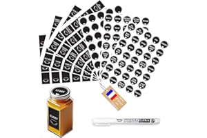 KISTAYLE Étiquettes Épices Français pour Bocaux – 200 Stickers Autocollants Noirs – Rondes & Rectangulaires – Marqueur Blanc Inclus – Cuisine Organisée & Lisible