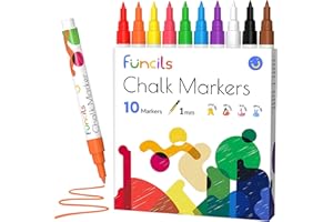 Funcils Extra Fine Tip Chalk Pens for Chalkboard, Blackboard, Window, Labels, Bistro, Glass, Car, Board (10 Pack, 1mm) - Wet Wipe Erasable Ink, 1mm Extra Fine Tip Liquid Chalk Markers