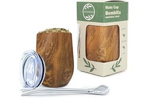 Veegreen Set Yerba Mate in Acciaio Inossidabile | Tazza Per Bere Yerba Mate Argentino | Include una Bombilla e un coperchio richiudibile | Set Autentico (Legna) (Effetto legno)