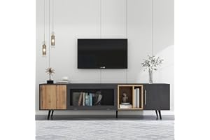 Rtopsu Mobile TV, Tavolo TV Basso per TV Fino a 90 Pollici, Scaffale TV con 3 Ante e 4 Vani Portaoggetti Mobile per Soggiorno Sala da Pranzo Camera da Letto, 200x40x55.5 cm, Legno, Grigio & Marrone