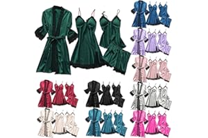YINGUO Pyjama Set Damen Satin 4 Stück Schlafanzug Babypuppe Nachtkleid Frauen Set Silk Schlafanzüge Unterwäsche Robe Spitze Reizwäsche