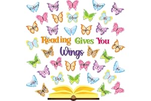 BeYumi 63Pcs Reading Gives You Wings Spring Colorful Paper Cutout Set Butterfly Name Tags Reading Motivational Quote Classroom Cutouts Blackboard Wall Decoration Preschool Elementary Teacher Supplies