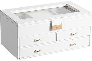 ADEL DREAM Portagioie a 3 Livelli con Fibbia in Oro Rosa, Custodia per Gioielli in Pelle PU, Regalo in Morbido Velluto per I tuoi Cari e Amici, Bianco-11-6,