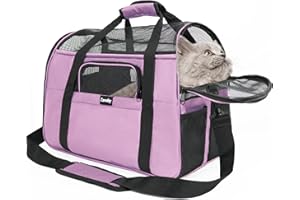 Zavothy Transportín para Gato y Perro, Transportín Respirant y Plegable, Caja de Transporte para Gato con Correa Ajustable, Colchón de Peluche Desmontable (Morado, M)