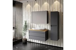 KAREN BANYO Badezimmermöbel Set Lara Konsole 100 Anthrazit | Keramikwaschbecken | Unterschrank | Spiegelschrank | Softclose-Schubladen & -Türen & unsichtbare Griffe | Moderner Stil | Badmöbel Waschtisch